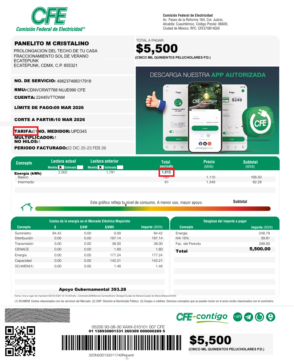 Ejemplo de recibo CFE: ubicación de la tarifa y el consumo